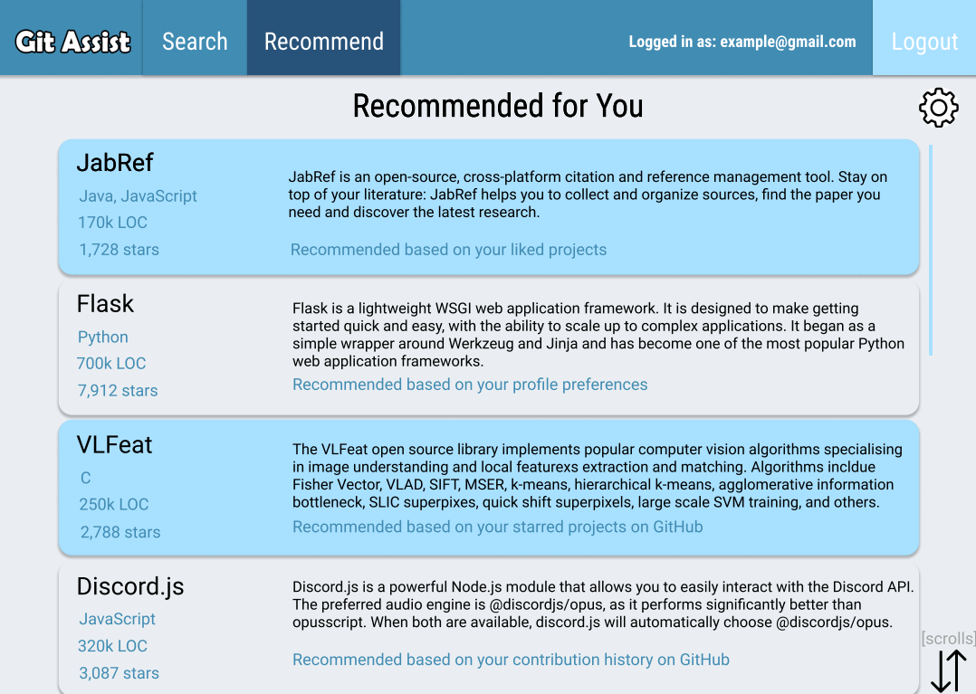 High fidelity wireframe recommendation screen